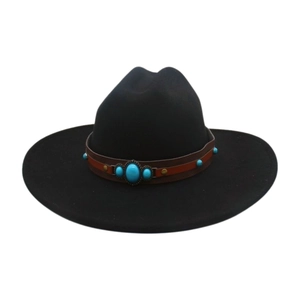 Detail of black western cowboy hat featuring leather band with turquoise stone accents