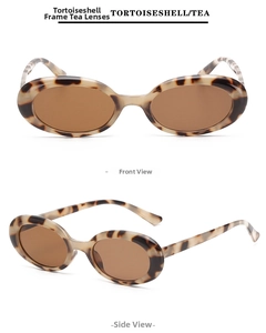 Detailed front and side views of vintage tortoiseshell oval sunglasses with tea lenses
