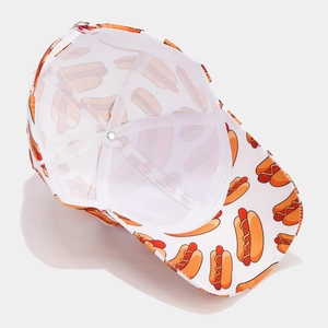 Baseball cap with hot dog print showing interior lining and adjustable metal buckle