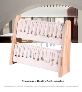 Two-tier wooden necklace display stand with soft velvet panels for jewelry organization