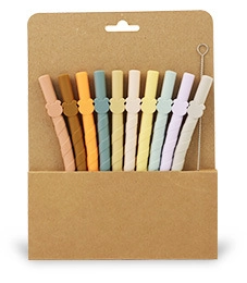 Set of 10 colorful food-grade silicone straws with cute bear tops in a kraft paper box