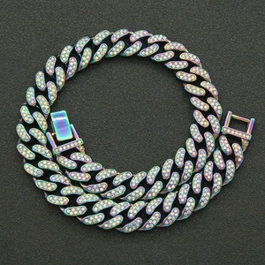 Macro shot of rainbow-colored Cuban link bracelet with sparkling rhinestones and box clasp