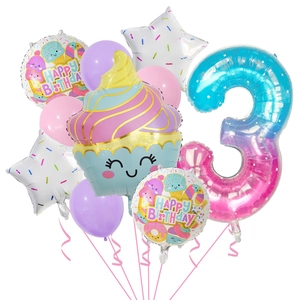Macaron birthday balloon set with number 3, cupcake foil, and colorful stars