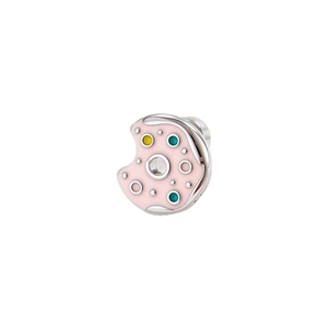 Silver metal palette charm with pink enamel and colorful zircon inlay on white background