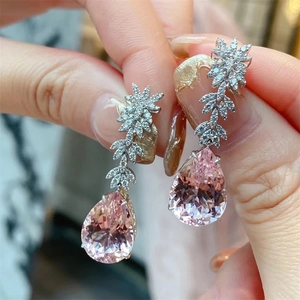 Elegant long earrings with pink teardrop crystals and sparkling leaf design for women