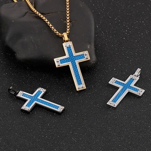 Men's titanium steel cross pendants in gold, silver and black with blue carbon fiber inlay