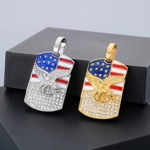 Hip hop stainless steel eagle pendants with American flag and rhinestones in gold and silver