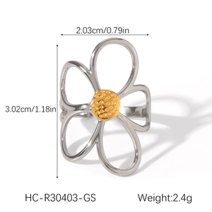 Detailed view of hollow flower ring with silver petals and gold center including dimensions