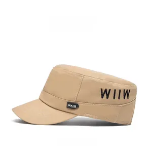 Detail of khaki cadet cap featuring side 3D WIIW embroidery and canvas texture