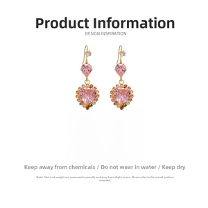 Pink heart-shaped zircon drop earrings detail showing 4.9x1.8cm size and 11g weight