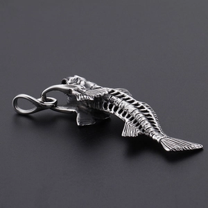 316L stainless steel fish bone pendant with detailed skeleton design for men