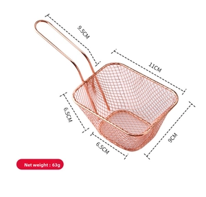 Panier à frire en acier rose doré avec dimensions et détails de poids net 63g