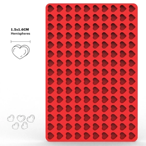 Detailed view of 150-cavity red silicone heart mold for chocolate and pet treats
