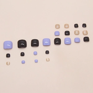 Faux ongles de pieds unis brillants en violet élégant, noir et doré scintillant