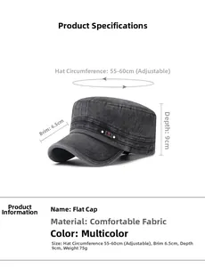 Detailed size specifications for washed cotton cadet cap with adjustable buckle and brim details
