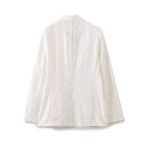 Back view of white hollow embroidered blazer jacket with elegant floral patterns