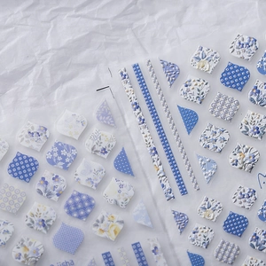 5D stereoscopic floral nail art stickers with blue and purple geometric Moroccan patterns