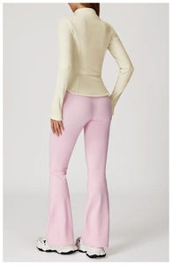 Back view of cream fleece jacket and pink flared fitness pants for women in high quality