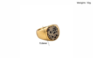 Detail of 18K gold plated wide band ring with inlaid spotted stone, 15.6mm width