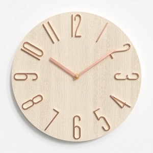 Minimalist wood texture wall clock with 3D rose gold numerals and hands, 12 inch round design