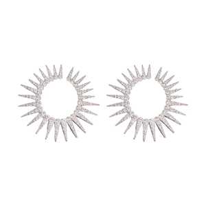 Sparkling silver spiked hoop earrings with clear rhinestones in a sunburst design
