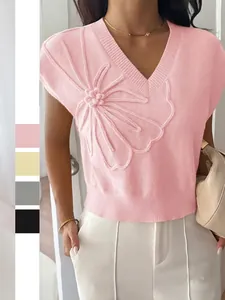 Women Knit Vest Top V Neck 3D Flower Applique Solid Color Casual Chic Acrylic Polyester Sweater Top