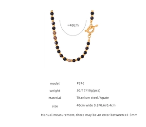 Detail view of natural agate beaded necklace with OT clasp and size specifications