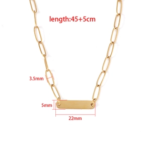 Gold paperclip chain necklace with a rectangular vertical bar pendant for customization
