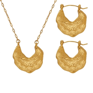 Irregular Lava Texture Hammered Necklace And Hoop Earrings Titanium Steel 18K Gold Plated Geometric Crescent Women
