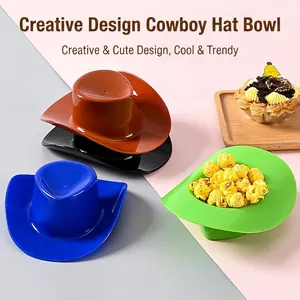 Creative cowboy hat shaped plastic snack bowls in various bright colors for party treats