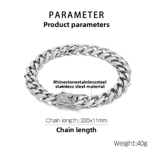 Detail view of 11mm silver stainless steel Cuban chain with rhinestone buckle specs