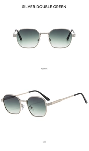 Detail of silver metal sunglasses with double green gradient lenses and textured temples
