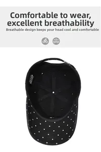 Detail view of cotton baseball cap interior featuring breathable holes and washing label