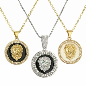 Lion Head Pendant Necklace Gold Plated Copper With Cubic Zirconia And Enamel Hip Hop Animal Jewelry For Men Women