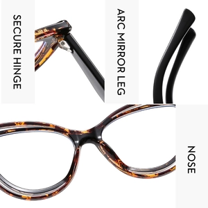 Detailed views of secure metal hinges and ergonomic arc mirror legs on cat eye glasses