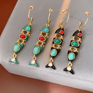 Vintage Articulated Fish Drop Earrings Alloy Enamel Retro Bohemian Jewelry With 925 Sterling Silver Earring Post