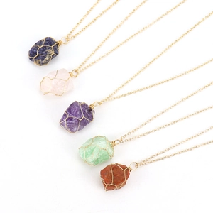 Handmade wire wrapped natural raw crystal stone necklaces set on gold chains