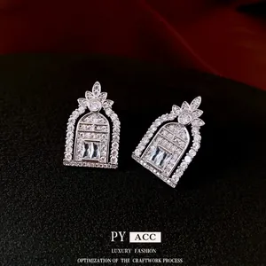 S925 silver geometric zircon earrings with vintage hollow arch and floral design