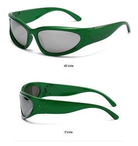 Detail view of green streamlined cycling sunglasses with gray lenses in 45 and 0 degree angles