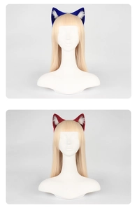 Detail of blue and red plush animal ear headbands on blonde wigs for cosplay events
