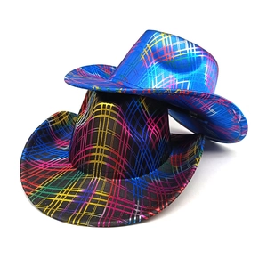 Pair of glittery cowboy hats with colorful metallic grid patterns on blue and black fabric