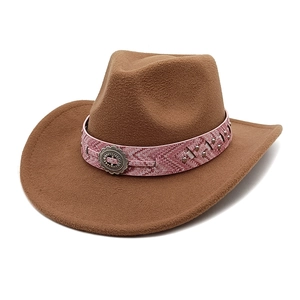 Classic brown felt western cowboy hat with a pink patterned band and vintage metal buckle