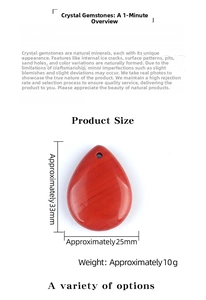 Detailed view of red agate teardrop pendant showing 33mm height and 25mm width specs