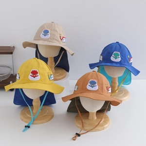 Children's quick-dry bucket hat with neck flap and embroidered cartoon animals