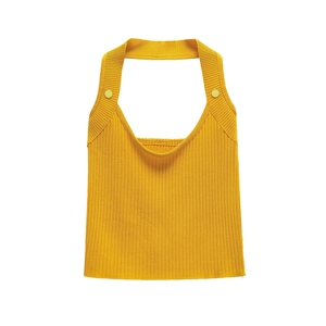 Women Halter Tank Top Ribbed Knit Sexy Yellow Slim Fit Sleeveless Summer Vest Neckline Buttons Solid Color Soft Casual