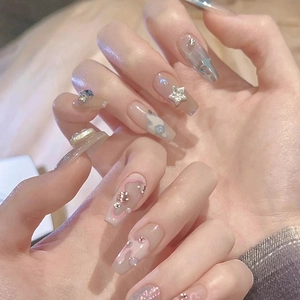 Long Coffin Press On Nails Dual Color Rhinestone Star Artificial Pearl Elegant Sparkling False Nails For Women
