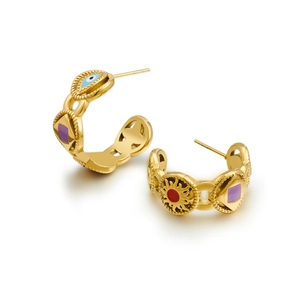 Retro 18k gold C-shaped hoop earrings with colorful enamel devil eye and solar patterns