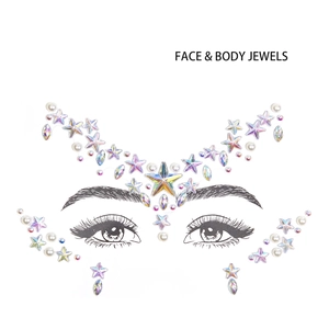 Detailed facial jewel set with iridescent stars, teardrop rhinestones and white pearls