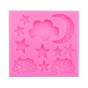 Pink silicone DIY mold featuring clouds, stars and moon shapes for fondant or clay