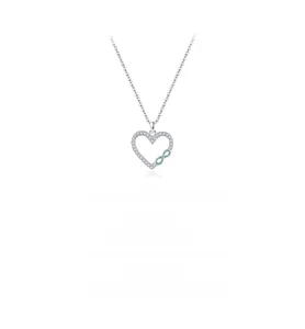 Detail of S925 silver heart necklace featuring a blue infinity symbol and pavé crystals